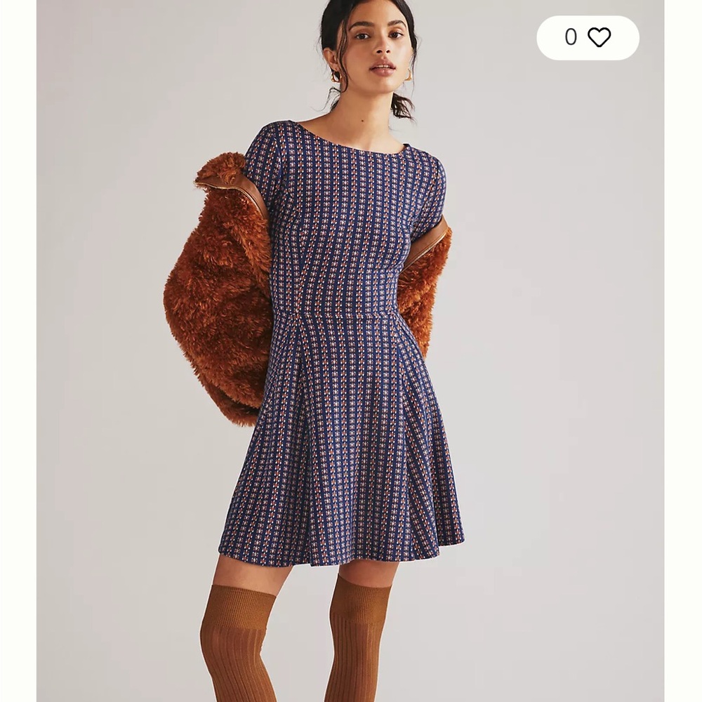Anthropologie Jacquard Knit A-Line Mini Dress Large Blue Orange Sweater Dress